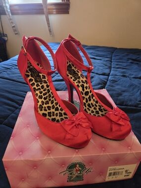 Pinup Couture Red T-Strap High Heels with Bow - Red